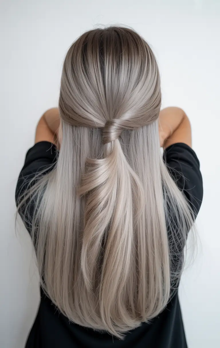 ash blonde hair color 2026 Half-Up Elegance in Matte Silver Ash