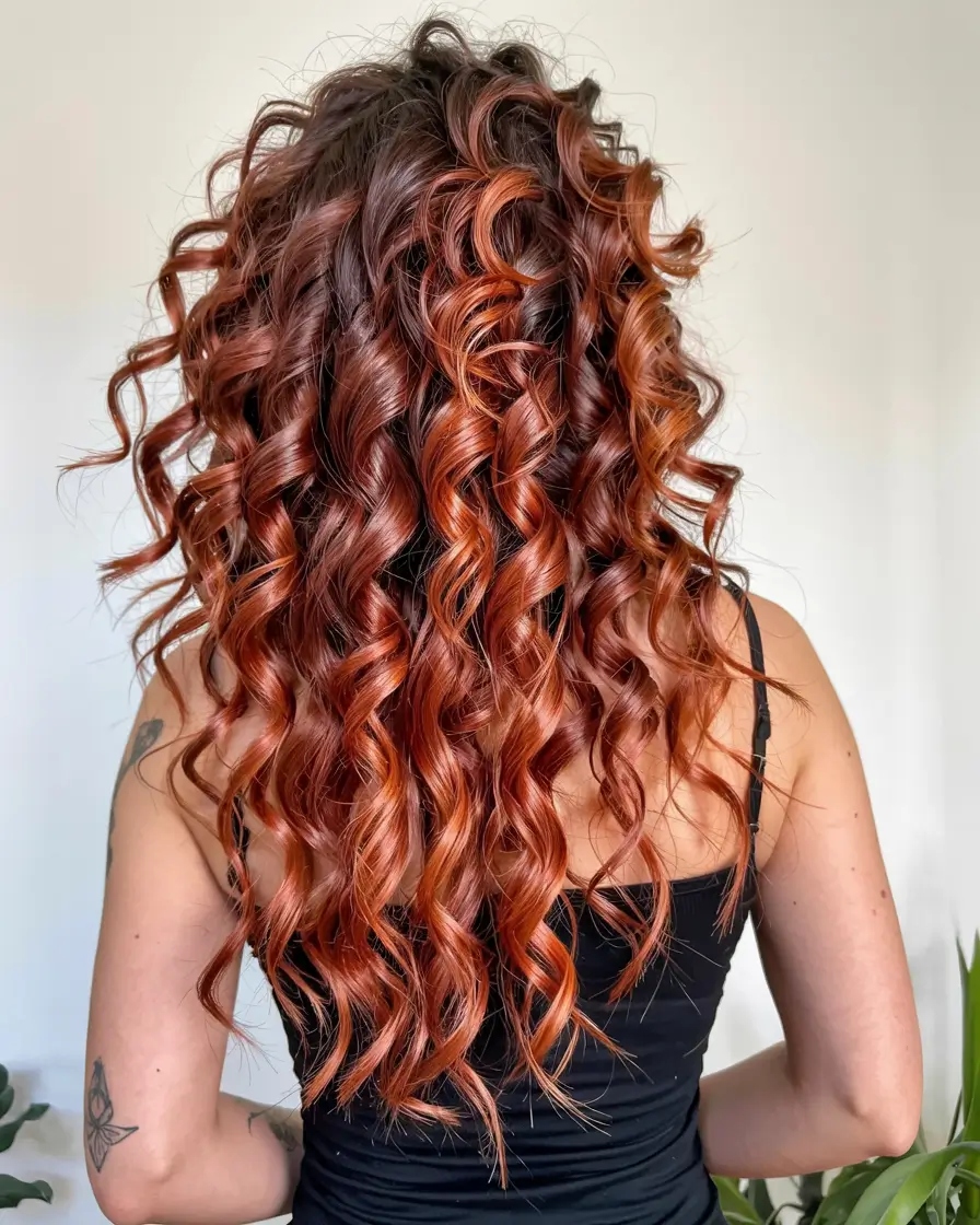 balayage hair color ideas 2026 Spiced Copper Curls