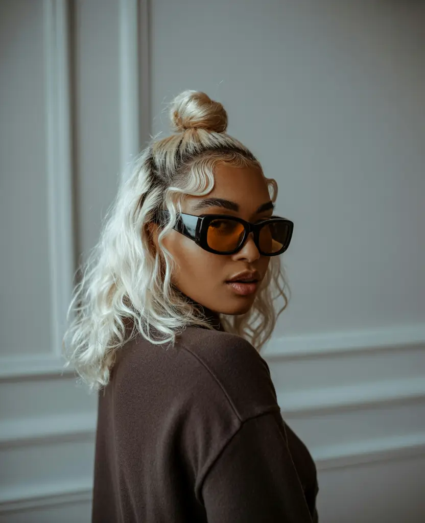 hair color for dark skin tone Arctic Blonde Half-Up Glow