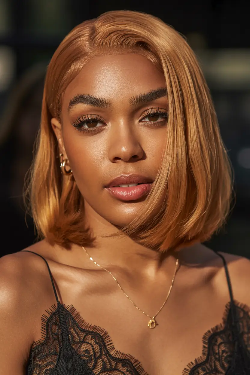 hair color for dark skin tone Warm Honey Blonde Bob Glow