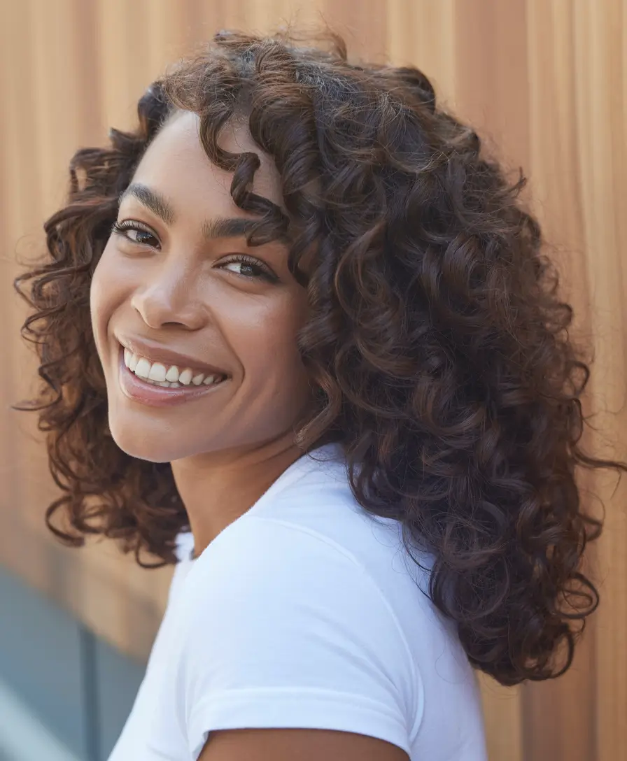 hair color for dark skinned Soft Chestnut Curls of Joy