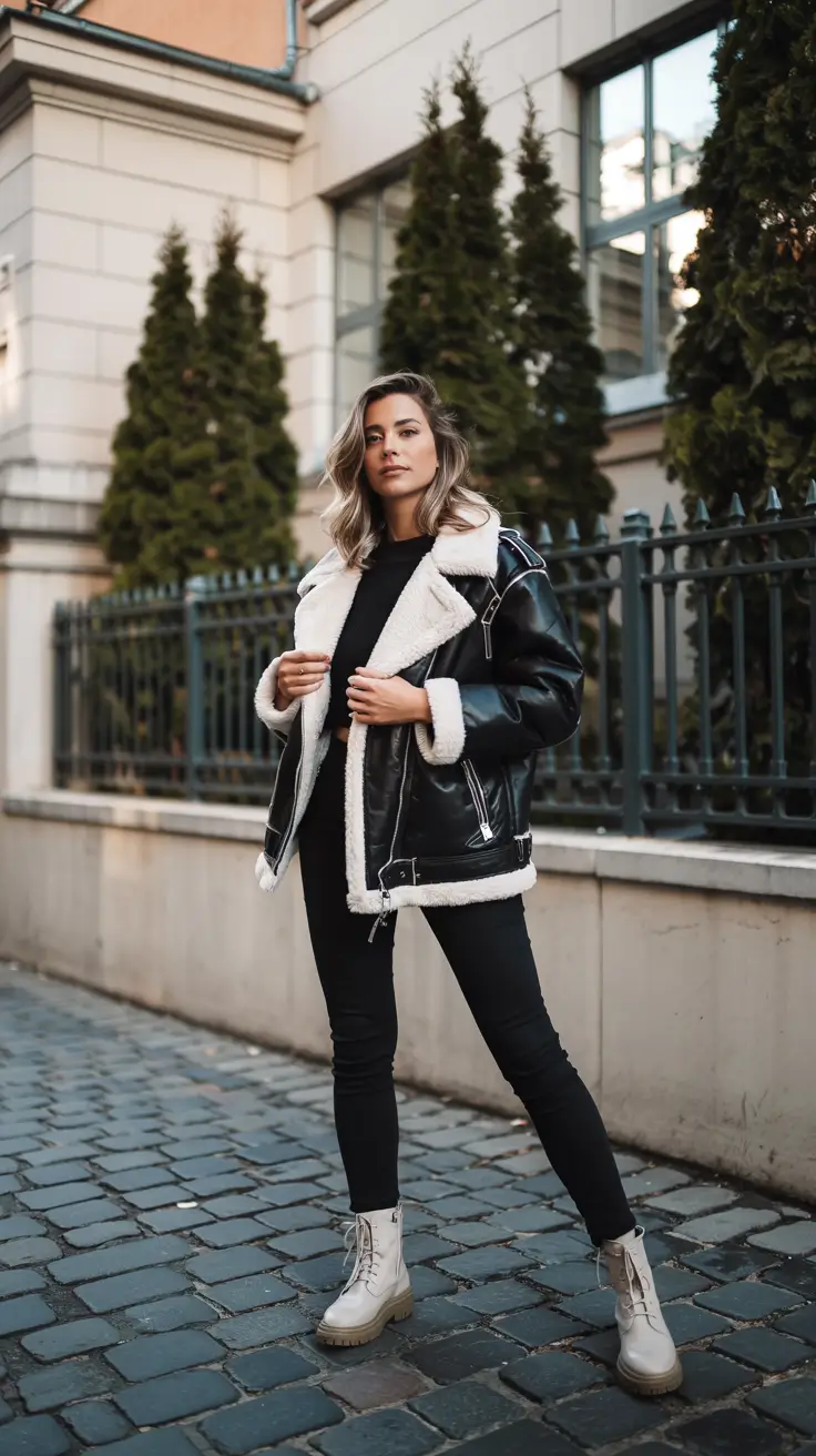 new york outfits winter cold weather Modern Edge in Shearling and Leather