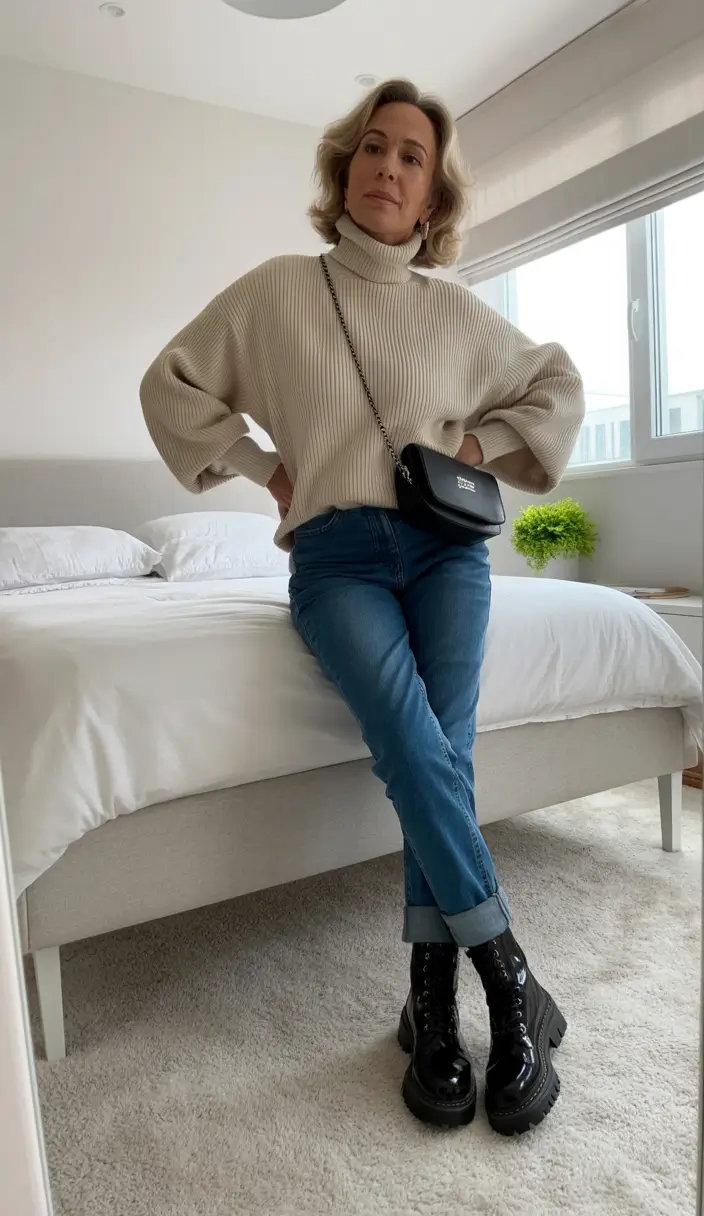 outfits for women over 50 casual Cozy Neutral Layers and Glossy Boots