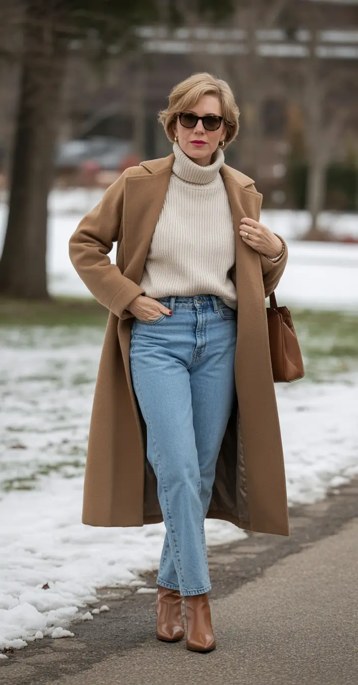 outfits for women over 50 2026 Classic Camel Coat and Denim Grace