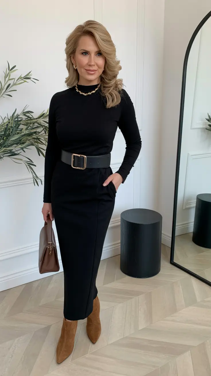 outfits for women over 50 dresses Black Belted Elegance for Day or Night