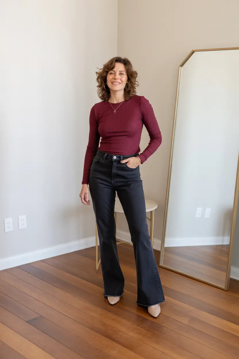 outfits for women over 50 fall Wine Tones and Flared Denim