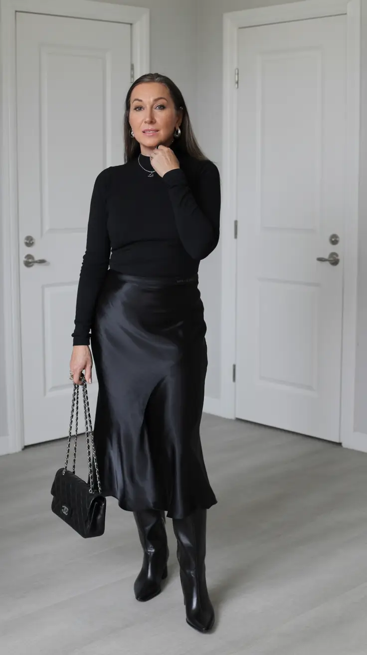 outfits for women over 50 winter Modern Elegance in Satin and Black