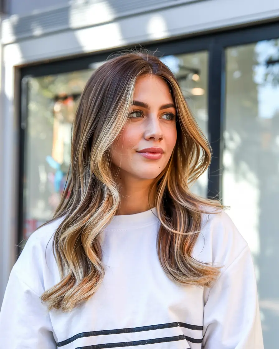 blonde hair color 2026 Caramel Honey Balayage Waves