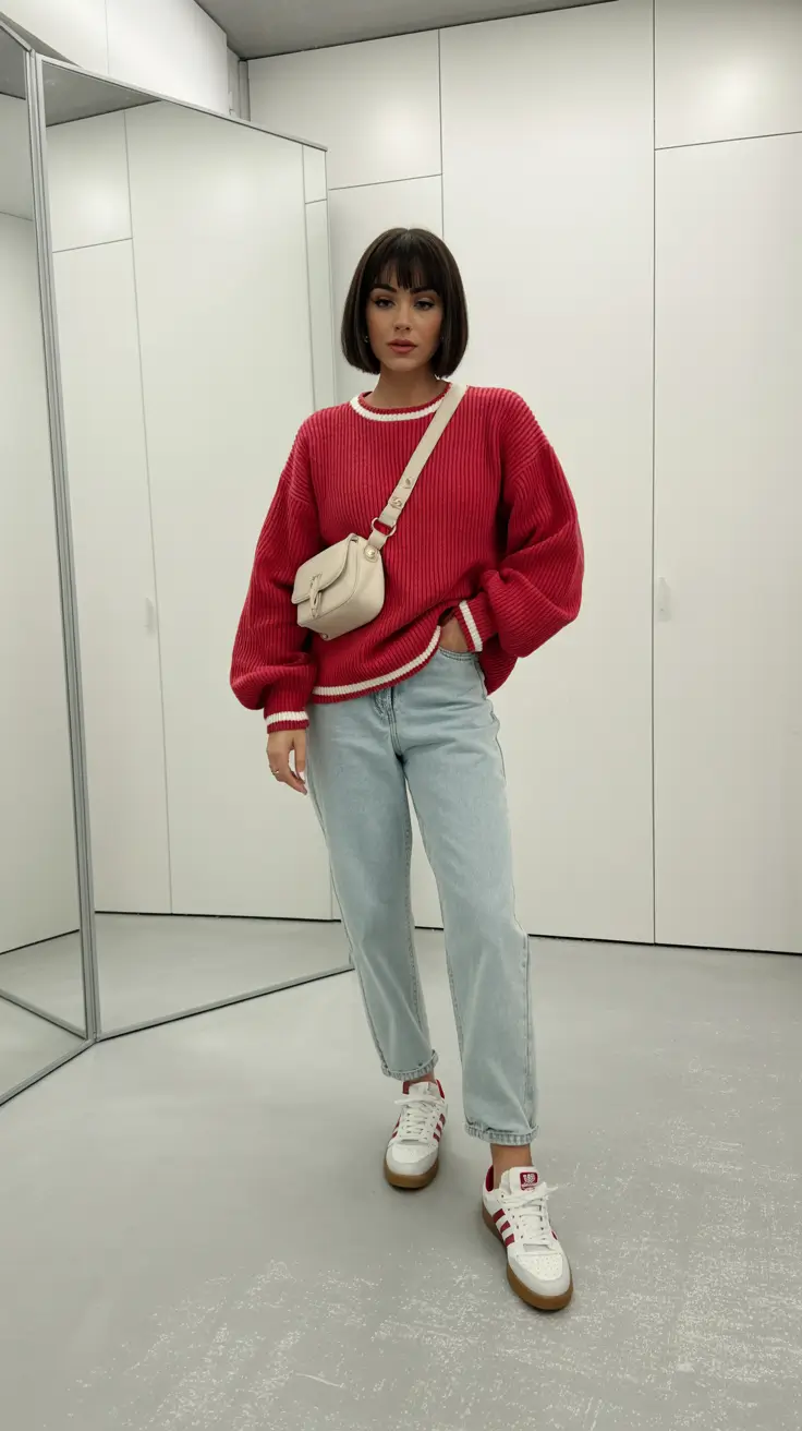 brunch outfits 2026 Retro Red and Denim Revival