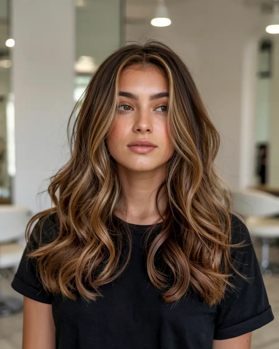 brunette hair color 2026 Golden Latte Brunette Waves