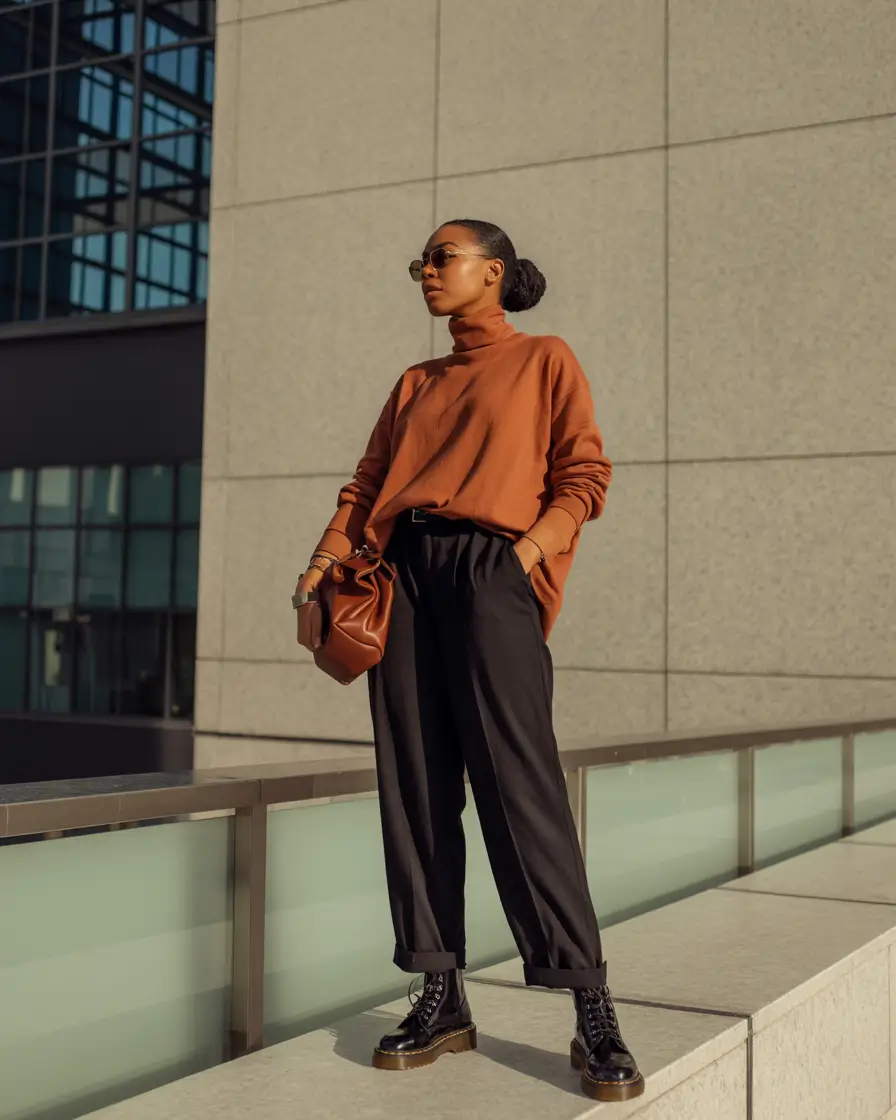 outfits for black women fall Earth-Toned Ease with Urban Confidence