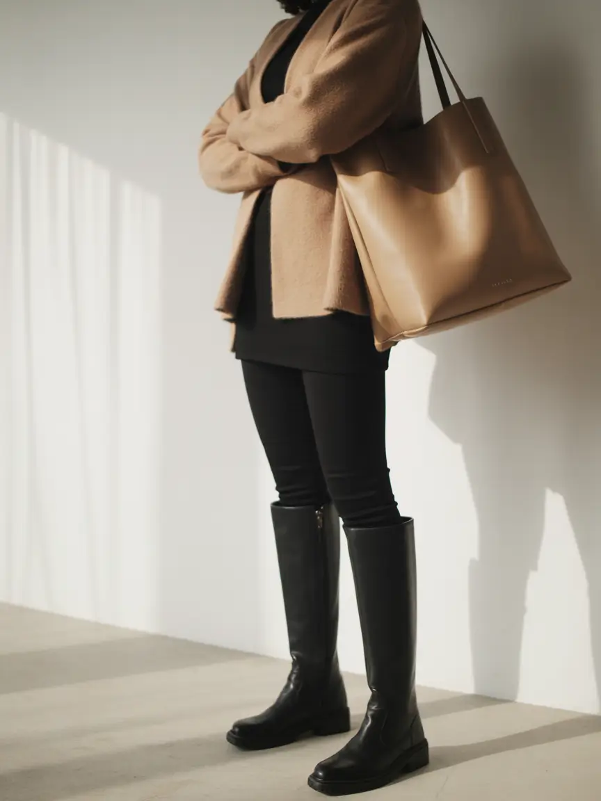 outfits for black women over 50 Timeless Camel and Black Sophistication