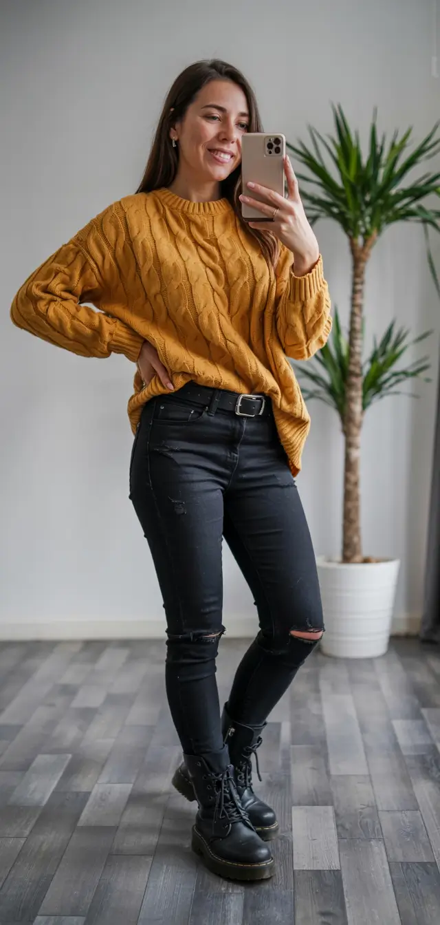 sweater outfits women Golden Confidence: The Mustard Cable Knit Moment