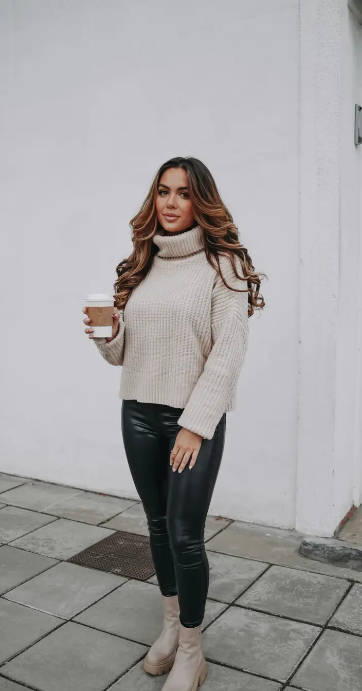 sweater outfits women City Cool: Chunky Knit and Leather Balance