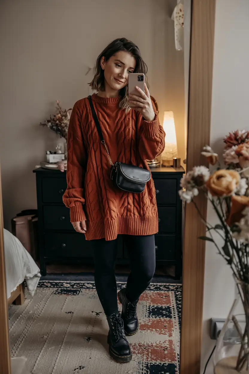 sweater outfits women Autumn Warmth: Rust Cable Knit Charm