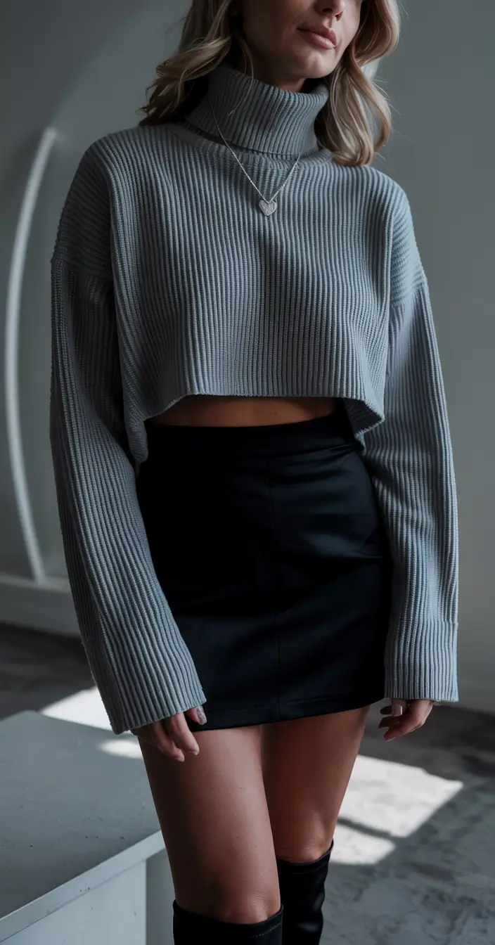 sweater outfits women Modern Drama: Grey Cropped Turtleneck and Mini Skirt