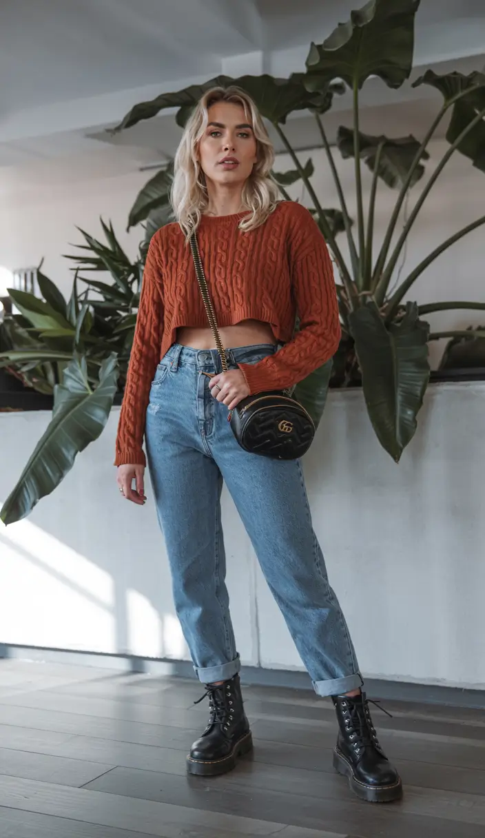 sweater outfits women Rust Revival: Cropped Cables and Cool Denim