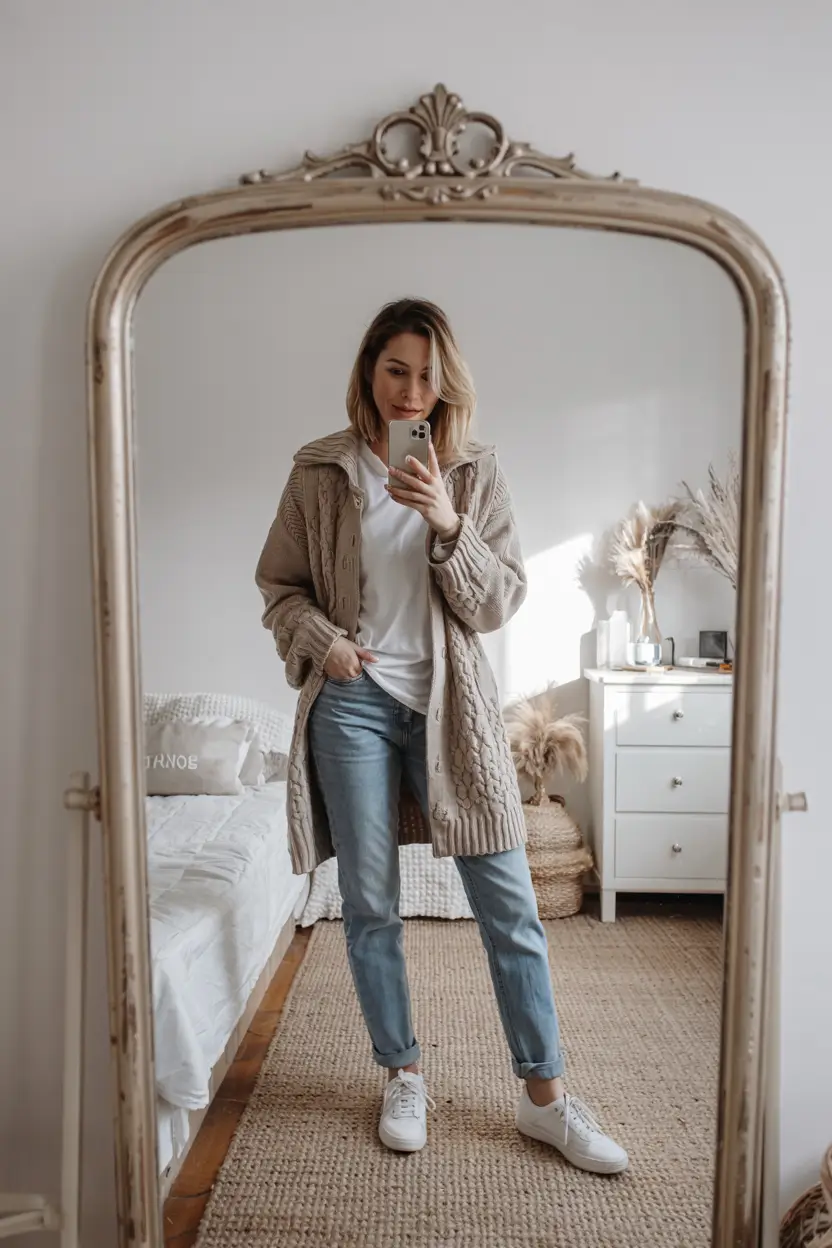 sweater outfits women Effortless Layers: Cardigan and Denim Ease