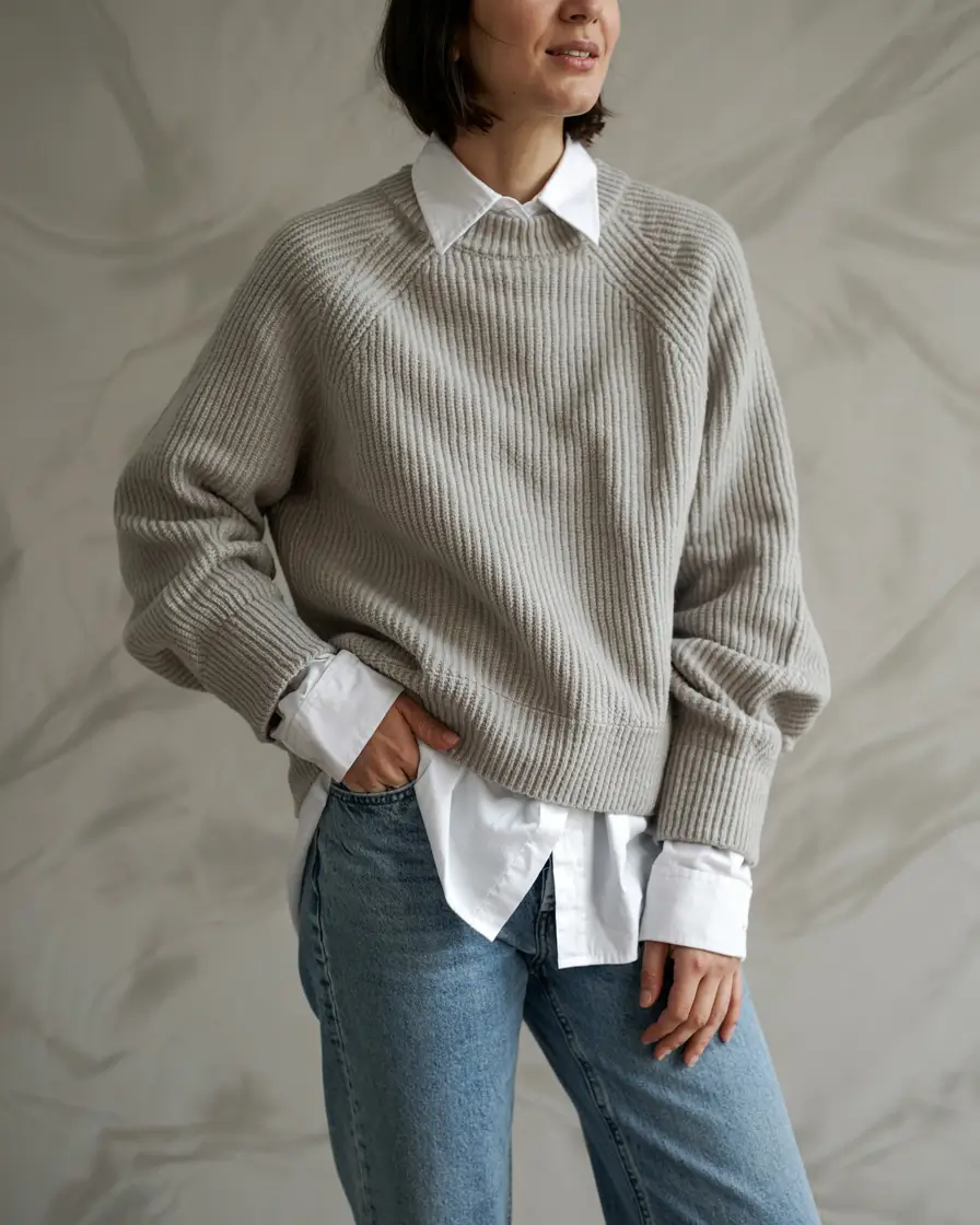 sweater outfits women Relaxed Refinement: Soft Grey and Denim Ease