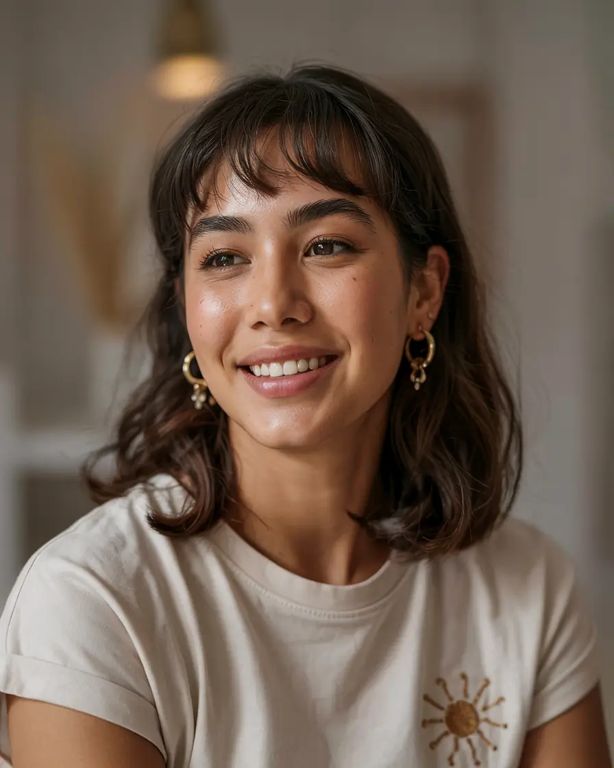 chubby face haircut inspiration 2026 Soft Wavy Lob With Airy Bangs