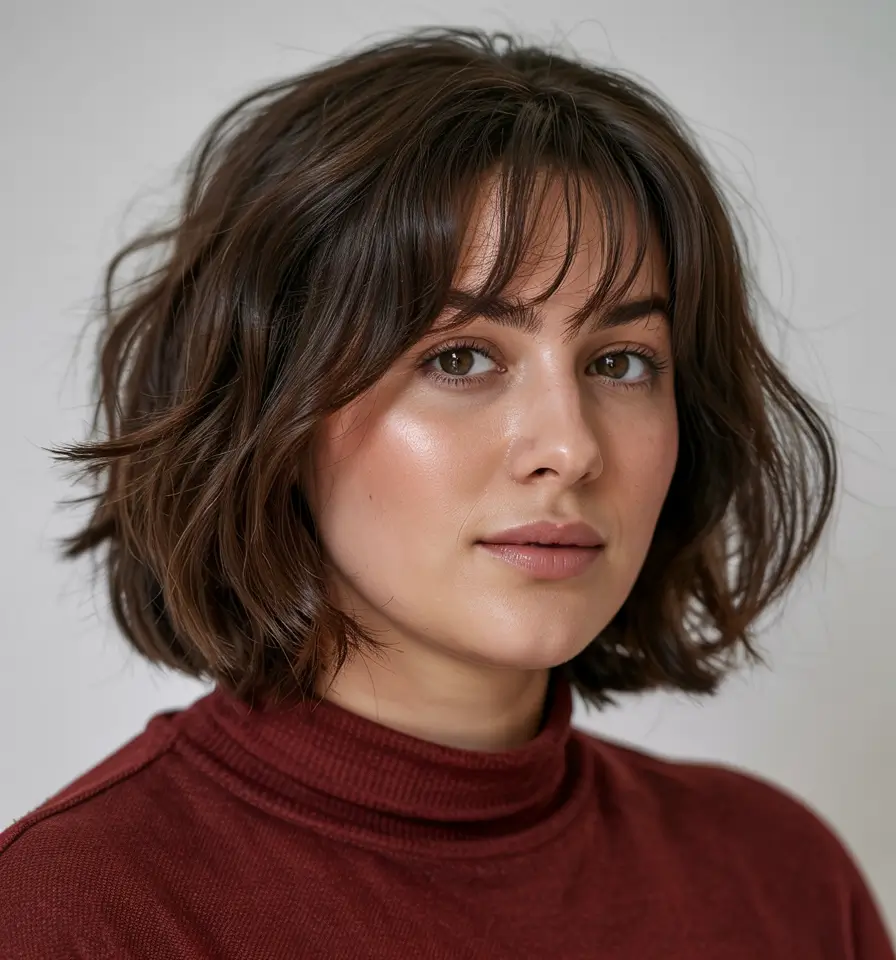 chubby face haircut inspiration 2026 Airy Wavy Bob with Soft Micro Fringe