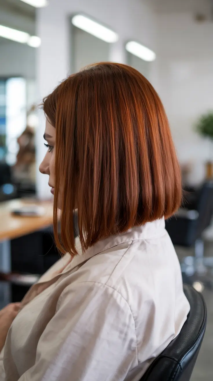 chubby face haircut inspiration 2026 Warm Copper Blunt Bob with a Smooth Fall