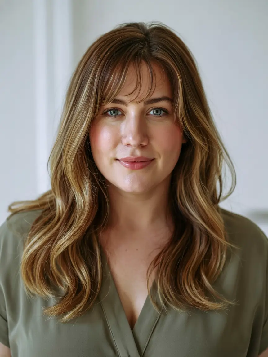 chubby face haircut inspiration 2026 Long Layered Waves with Curtain Fringe Shape