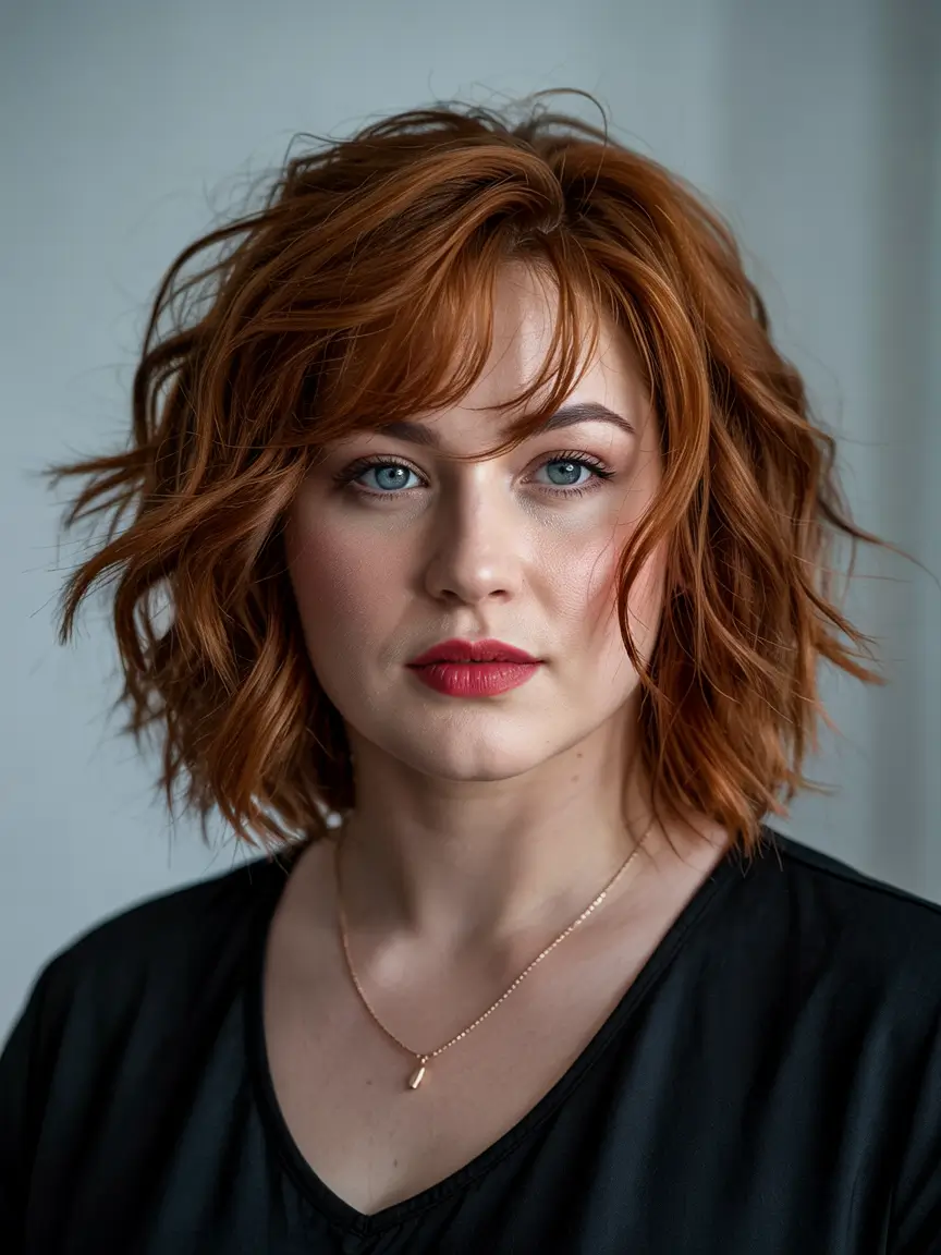chubby face haircut inspiration 2026 Layered Copper Bob with Playful Texture