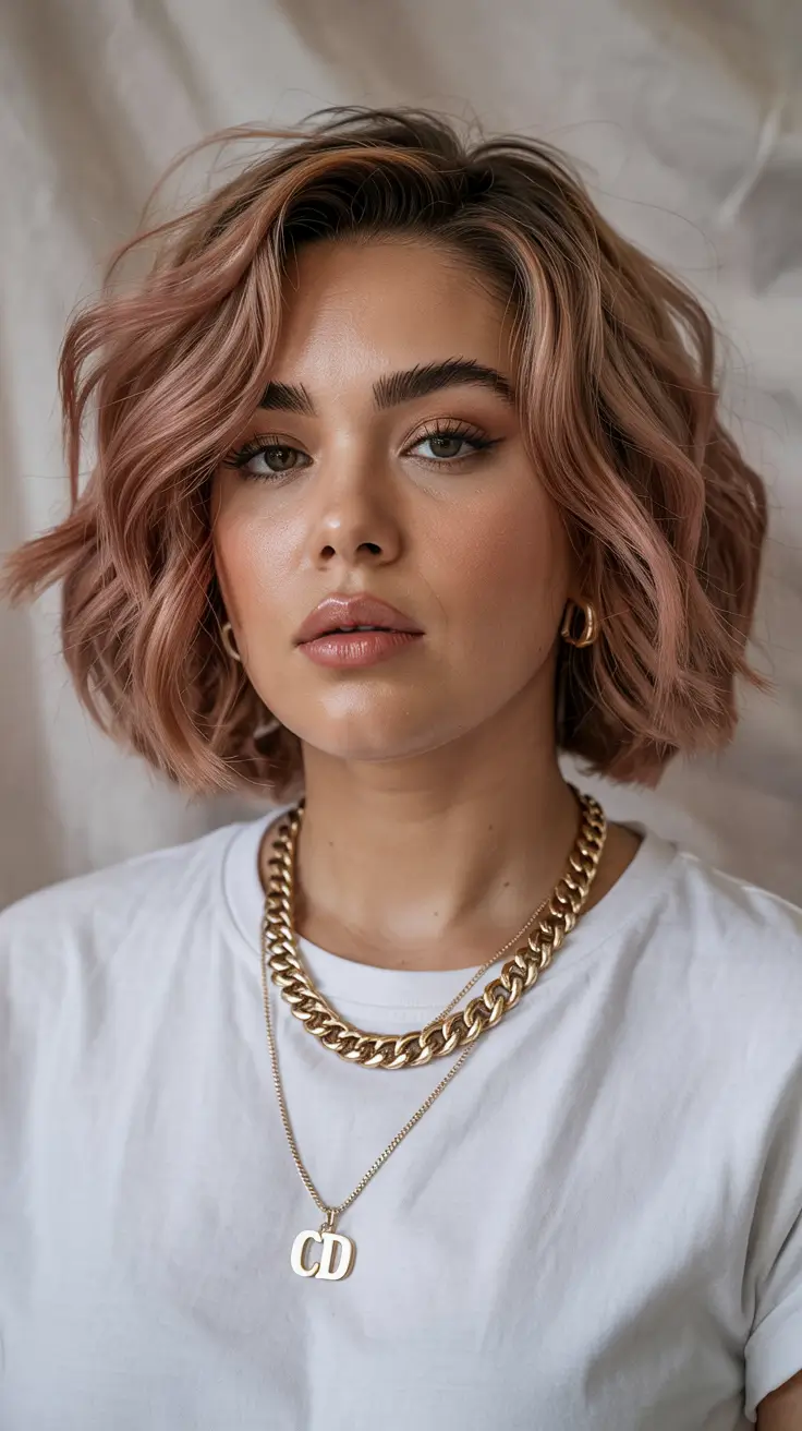 chubby face haircut inspiration 2026 Rose Gold Wavy Bob with Polished Body