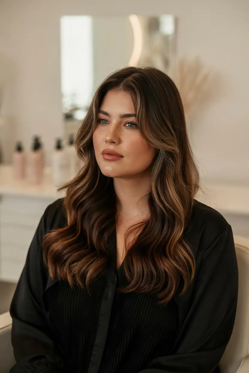 chubby face haircut inspiration 2026 Long Glossy Waves with Soft Face Contour