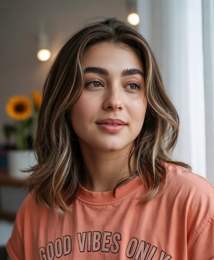 chubby face haircut inspiration 2026 Breezy Shoulder Length Waves with Lived In Highlights