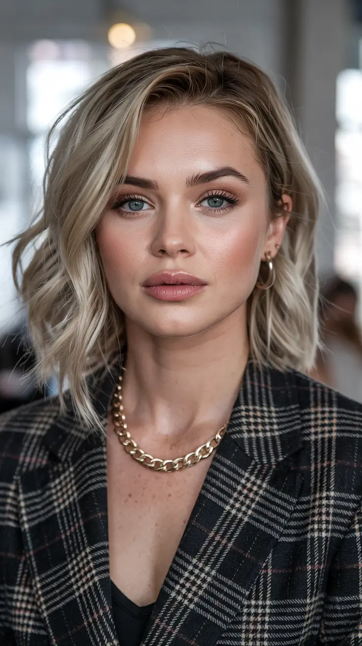 chubby face haircut inspiration 2026 Blonde Wavy Bob with Subtle Face Framing