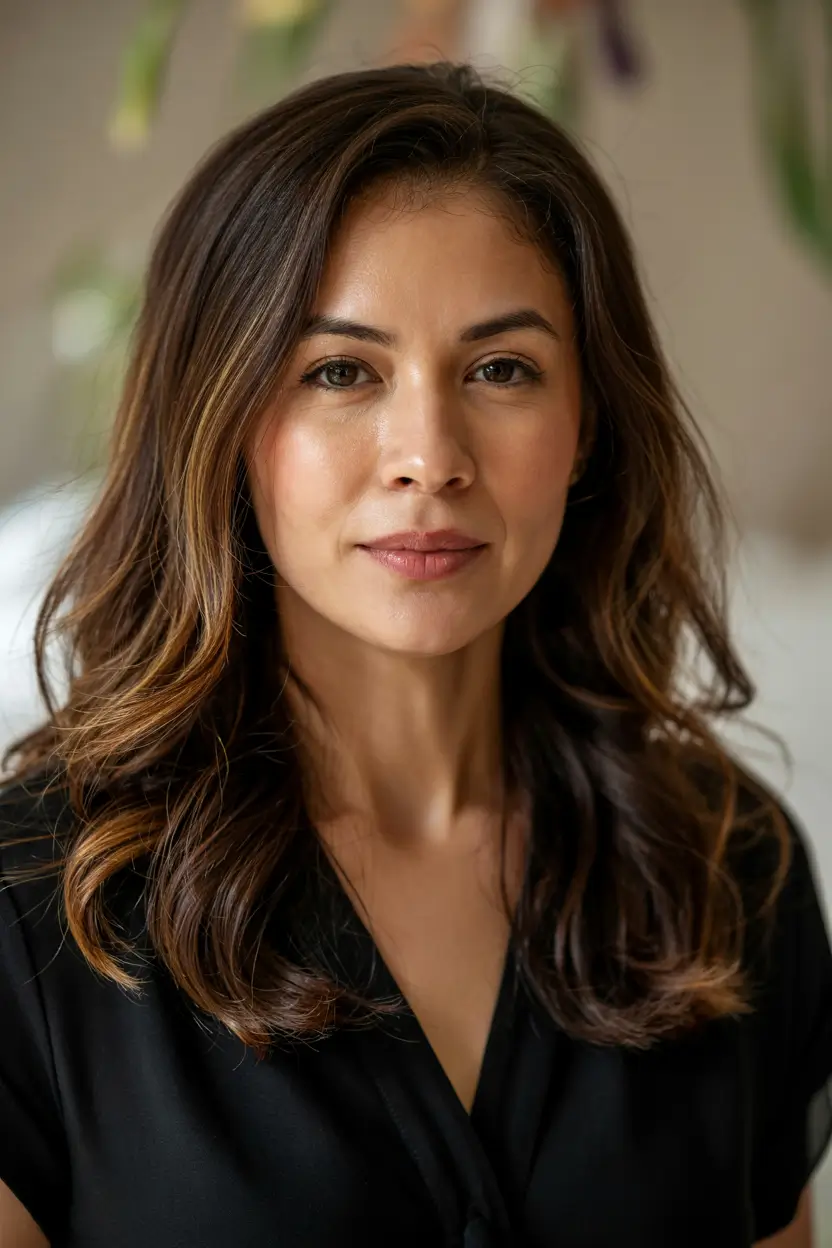 chubby face haircut inspiration 2026 Mid Length Waves with Soft Caramel Ribbons