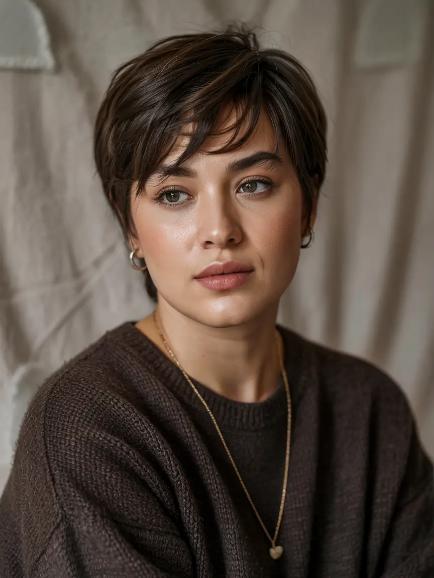 chubby face haircut inspiration 2026 Textured Pixie With Swept Fringe