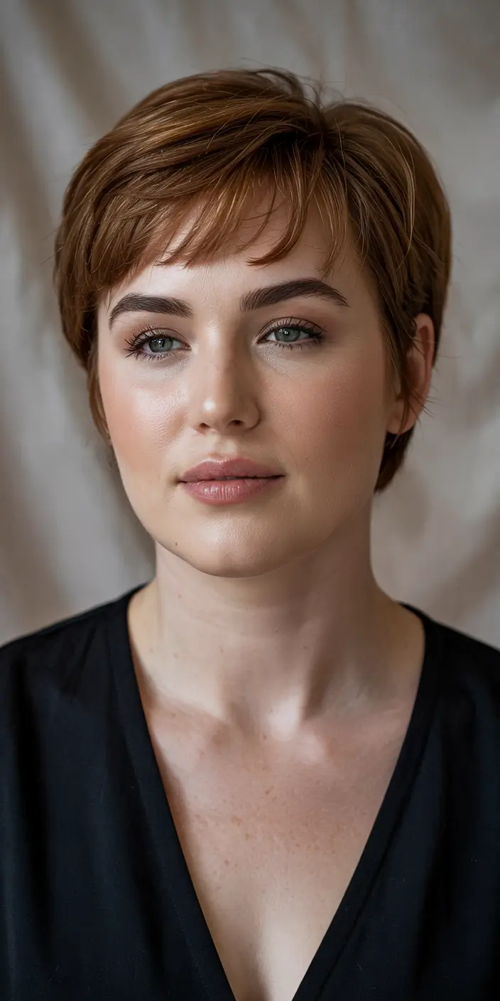 chubby face haircut inspiration 2026 Warm Copper Pixie With Clean Edges