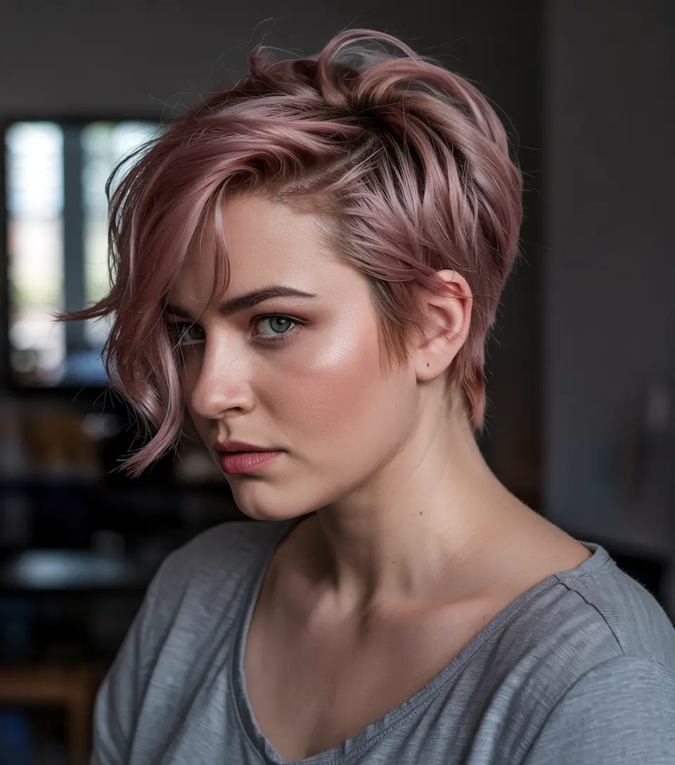 chubby face haircut inspiration 2026 Rose Textured Pixie for Soft Dimension