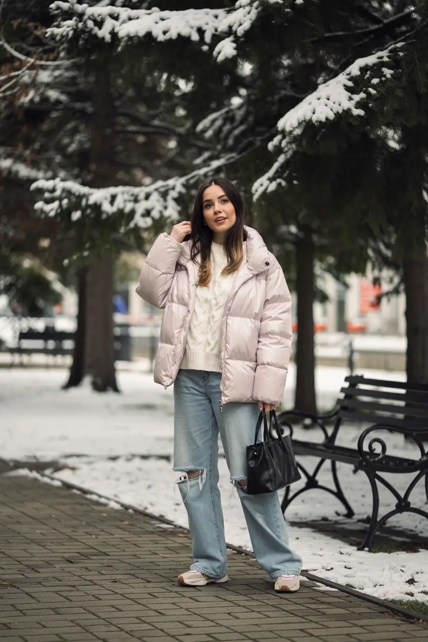 Cute midsize outfits 2026 - Pastel Puff Warmth for Snowy Street Style