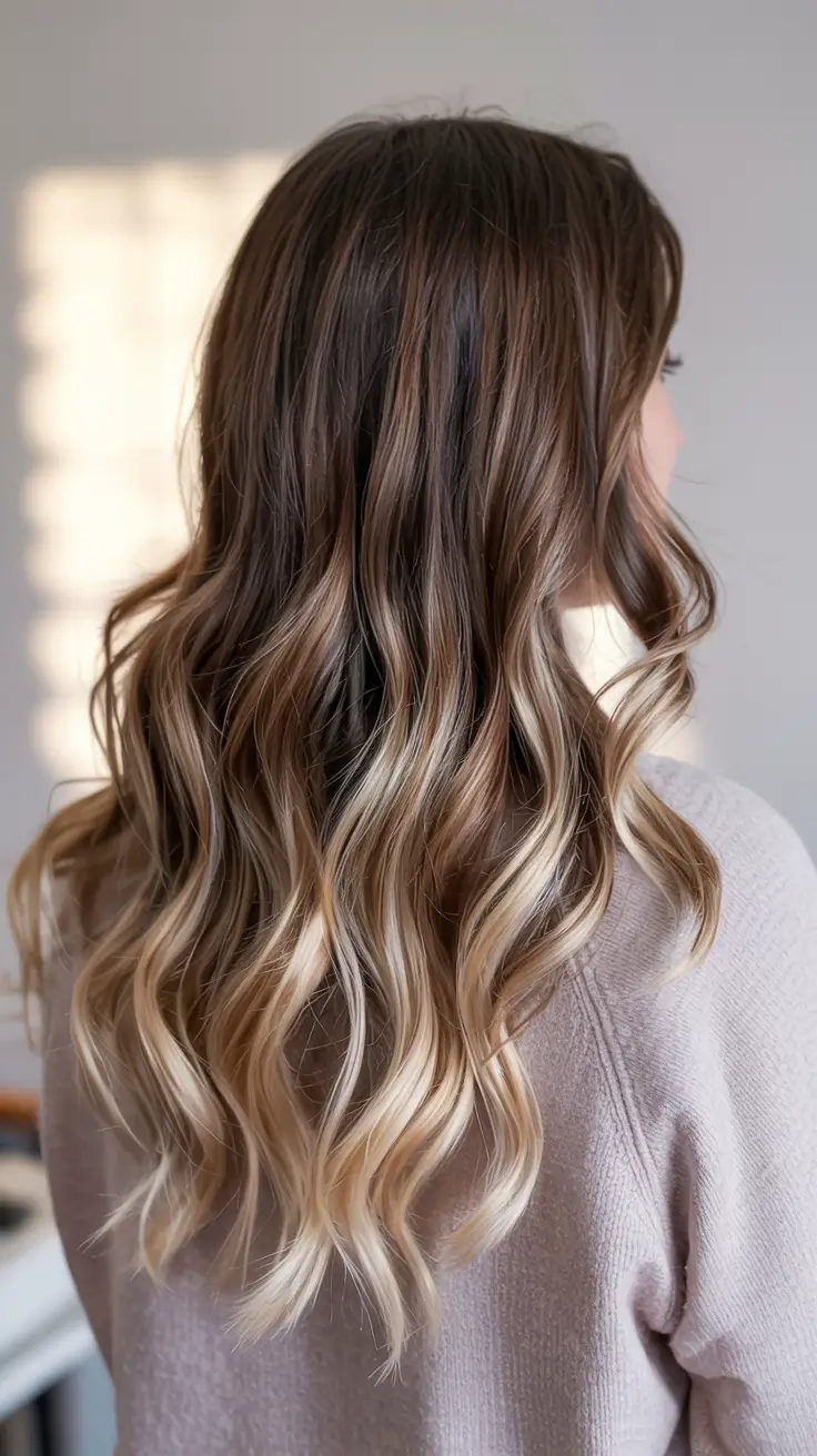 dark blonde hair color 2026 long waves with honey dimension