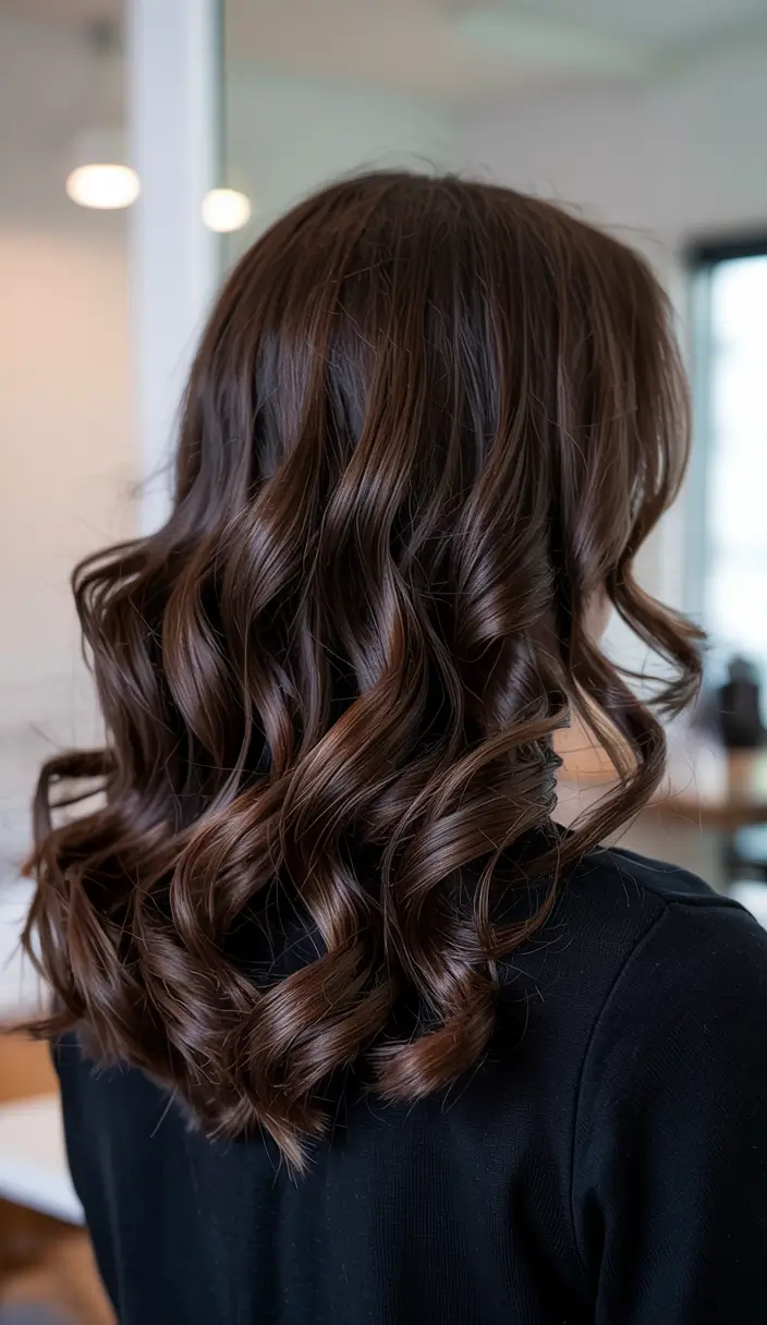 dark brown hair color 2026 glossy espresso curls