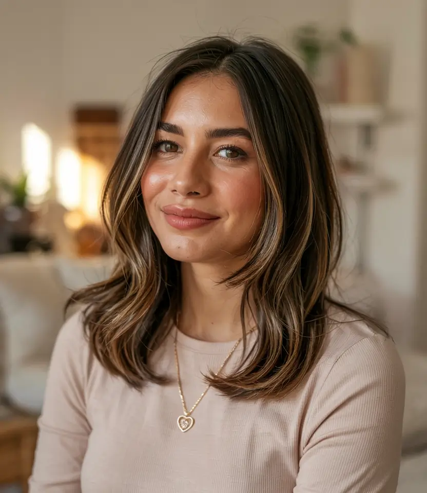 dark brown hair color 2026 sunlit brunette layers