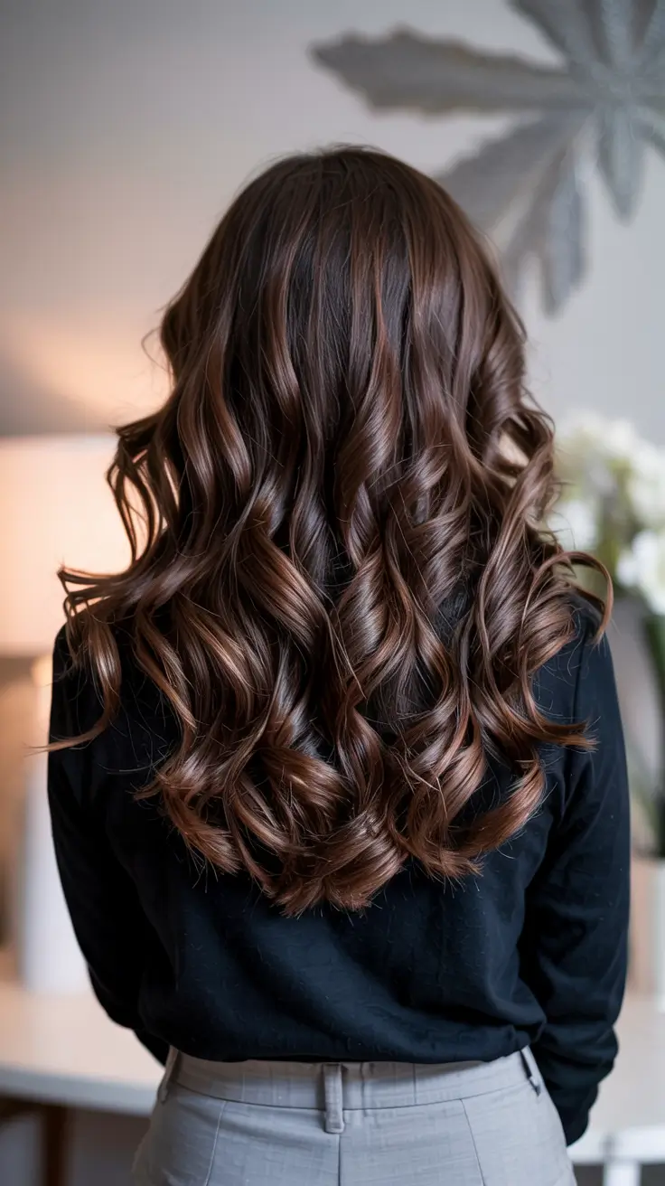 dark brown hair color 2026 Glossy Cocoa Spirals