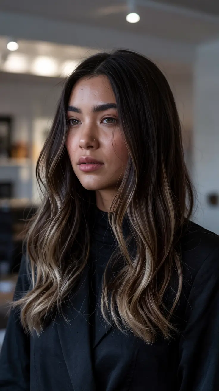 dark brown hair color 2026 Honey Ash Balayage Blend