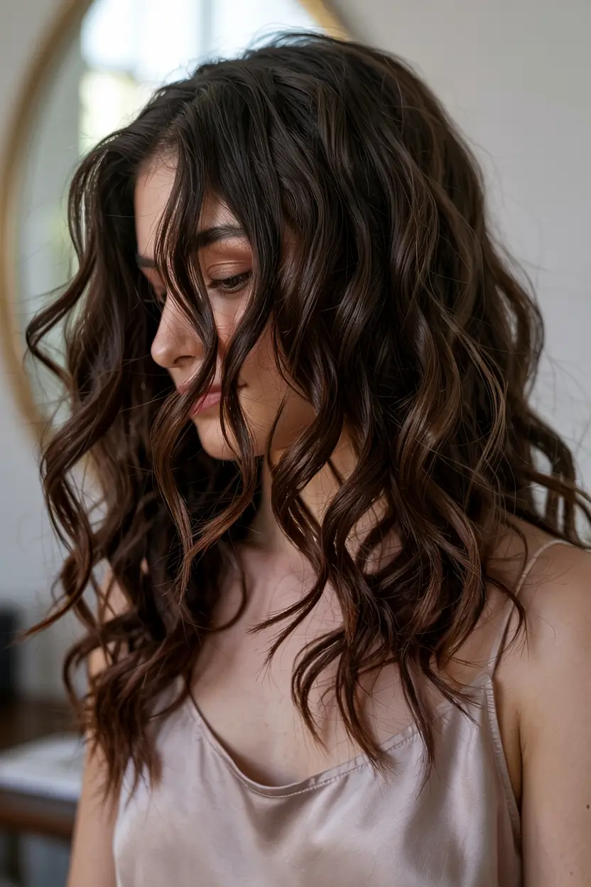 dark brown hair color 2026 Textured Cinnamon Waves
