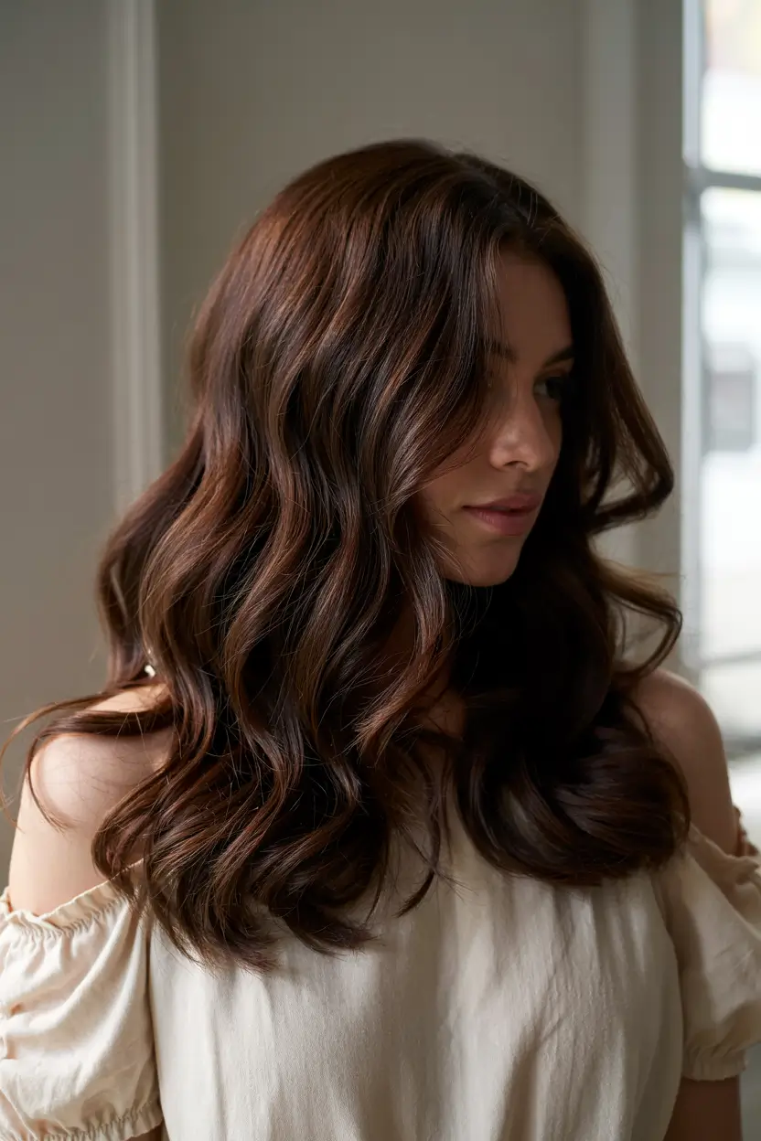 dark brown hair color 2026 velvet chestnut waves