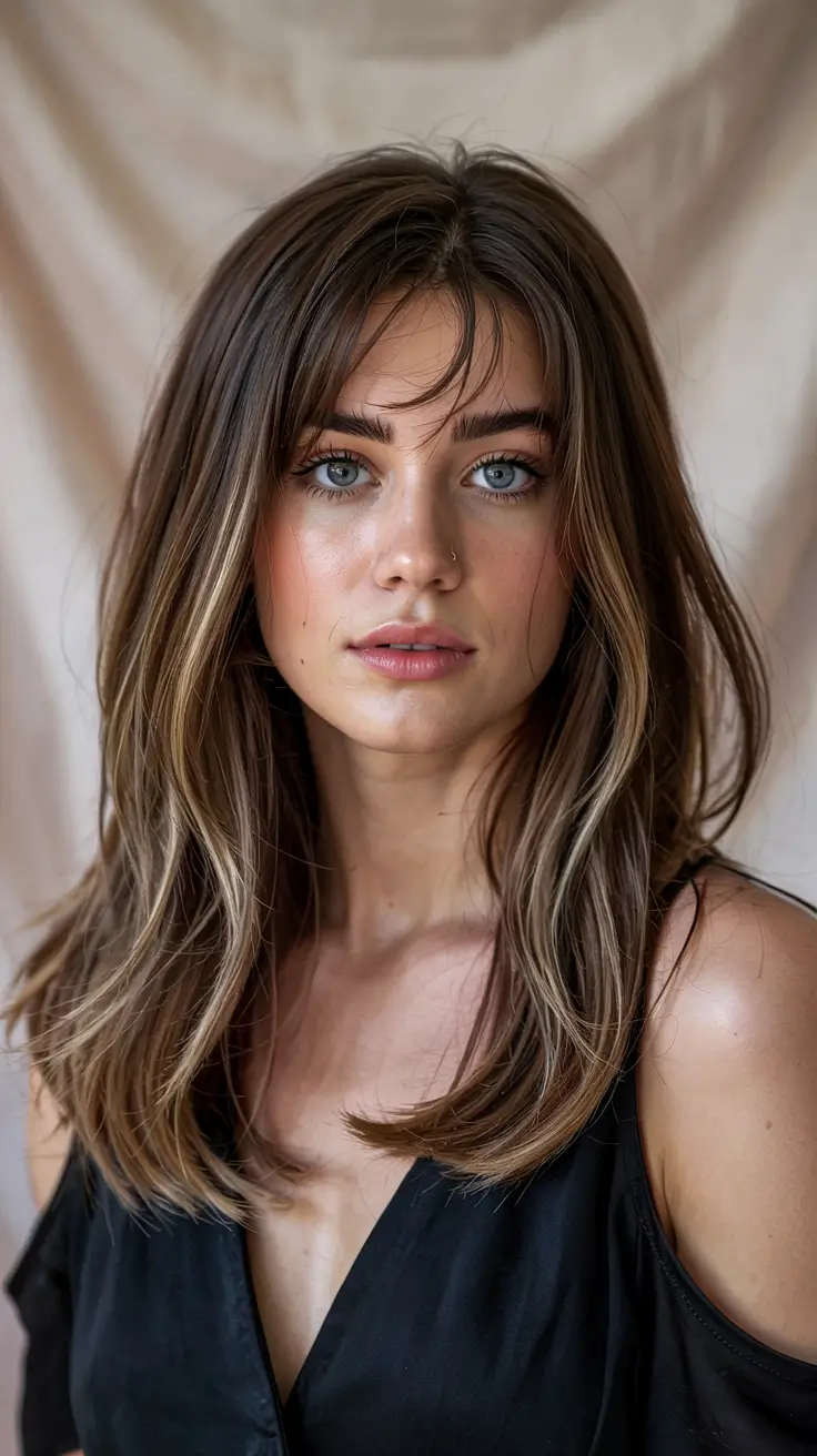 Hair color ideas 2026 Warm Bronde Layers with Curtain Bangs
