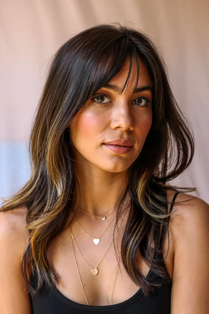 hair color 2026 Chocolate Layers with Curtain Bangs