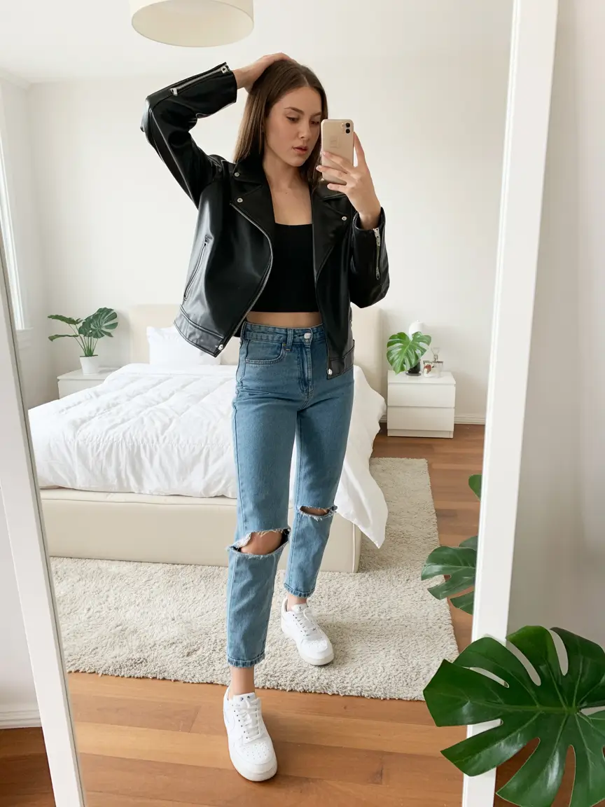 jeans outfits women Effortless Edge in a Leather Touch