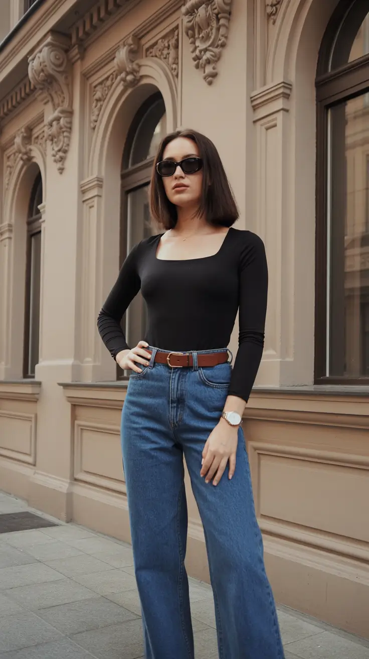 jeans outfits women Modern Minimalism with Square-Neck Sophistication