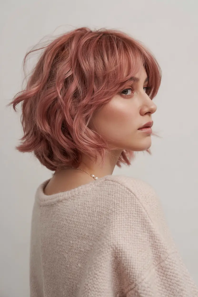 choppy bob haircuts 2026 dusty rose wavy bob