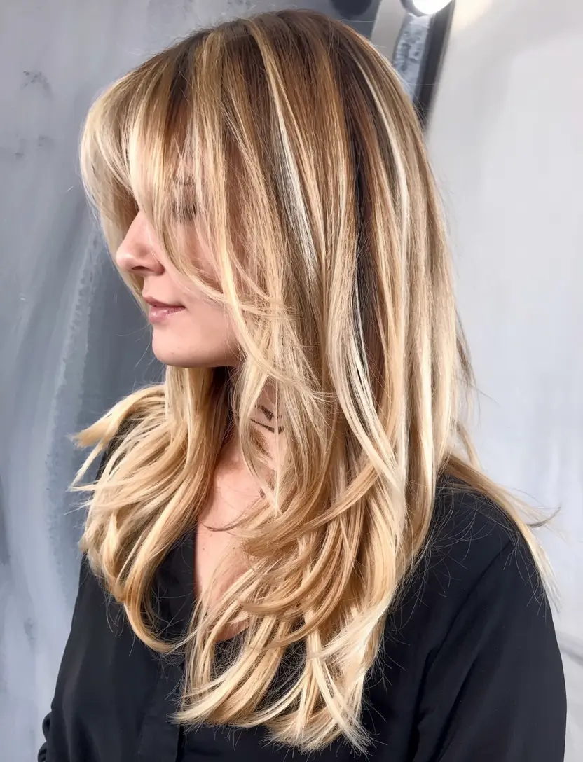 haircuts for long hair 2026 Butter Blonde Layers with Side Fringe